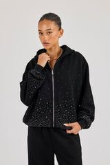 Oversized Rhinestone Zip Hoodie - Black