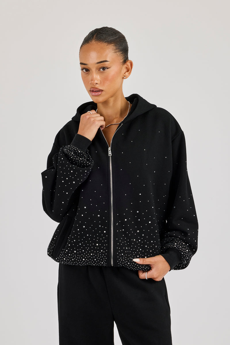 Oversized Rhinestone Zip Hoodie - Black