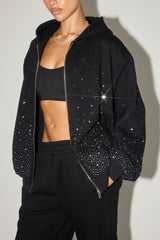 Oversized Rhinestone Zip Hoodie - Black