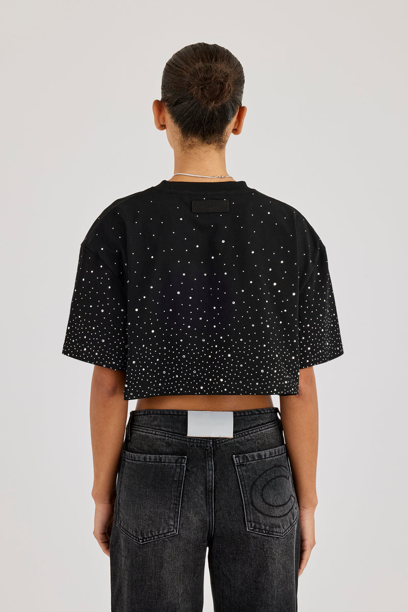 Cropped Rhinestone T-Shirt - Black