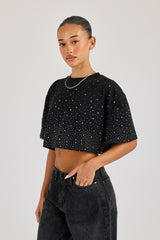 Cropped Rhinestone T-Shirt - Black