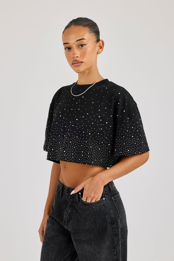 Cropped Rhinestone T-Shirt - Black