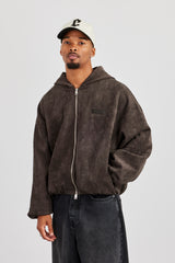 Wildlederjacke mit Kapuze und Lasche – Schokoladenbraun