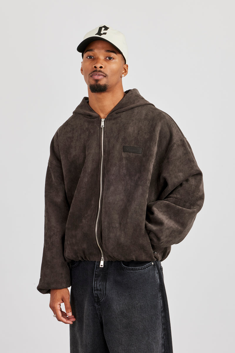 Wildlederjacke mit Kapuze und Lasche – Schokoladenbraun