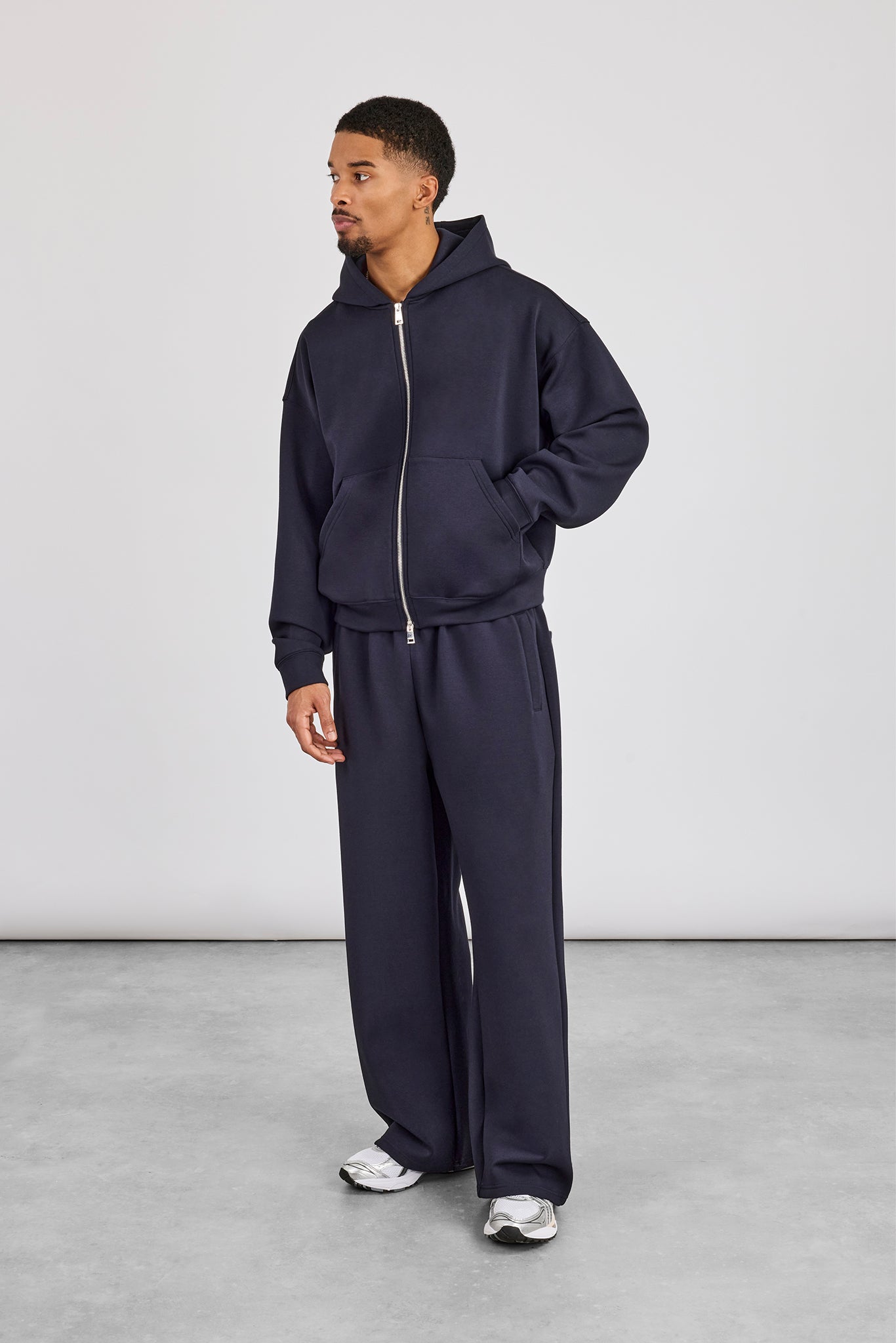 Scuba Zip Through Boxy Hoodie & Baggy Fit Trouser - Navy