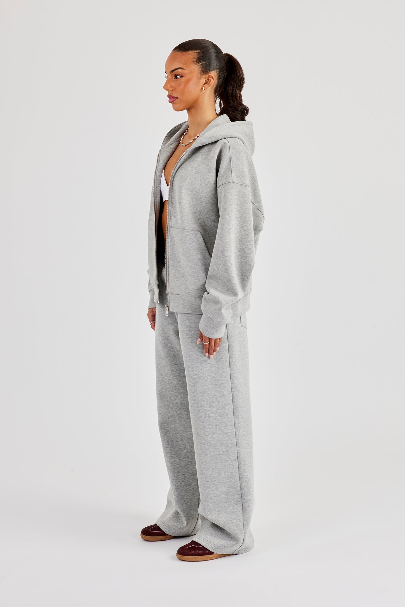 Scuba Oversized Zip Through Hoodie & Wide Leg Jogger - Grey