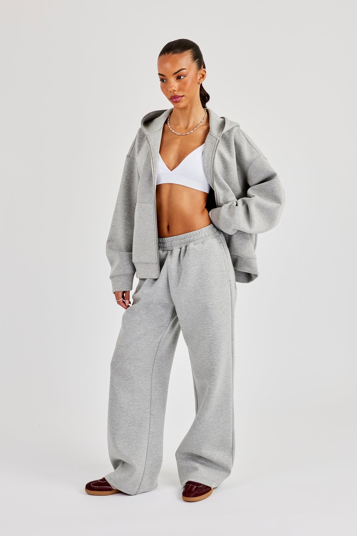 Scuba Oversized Zip Through Hoodie & Wide Leg Jogger - Grey