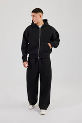 Boxy-Hoodie aus Scuba mit Reißverschluss und Baggy-Fit-Hose - Schwarz