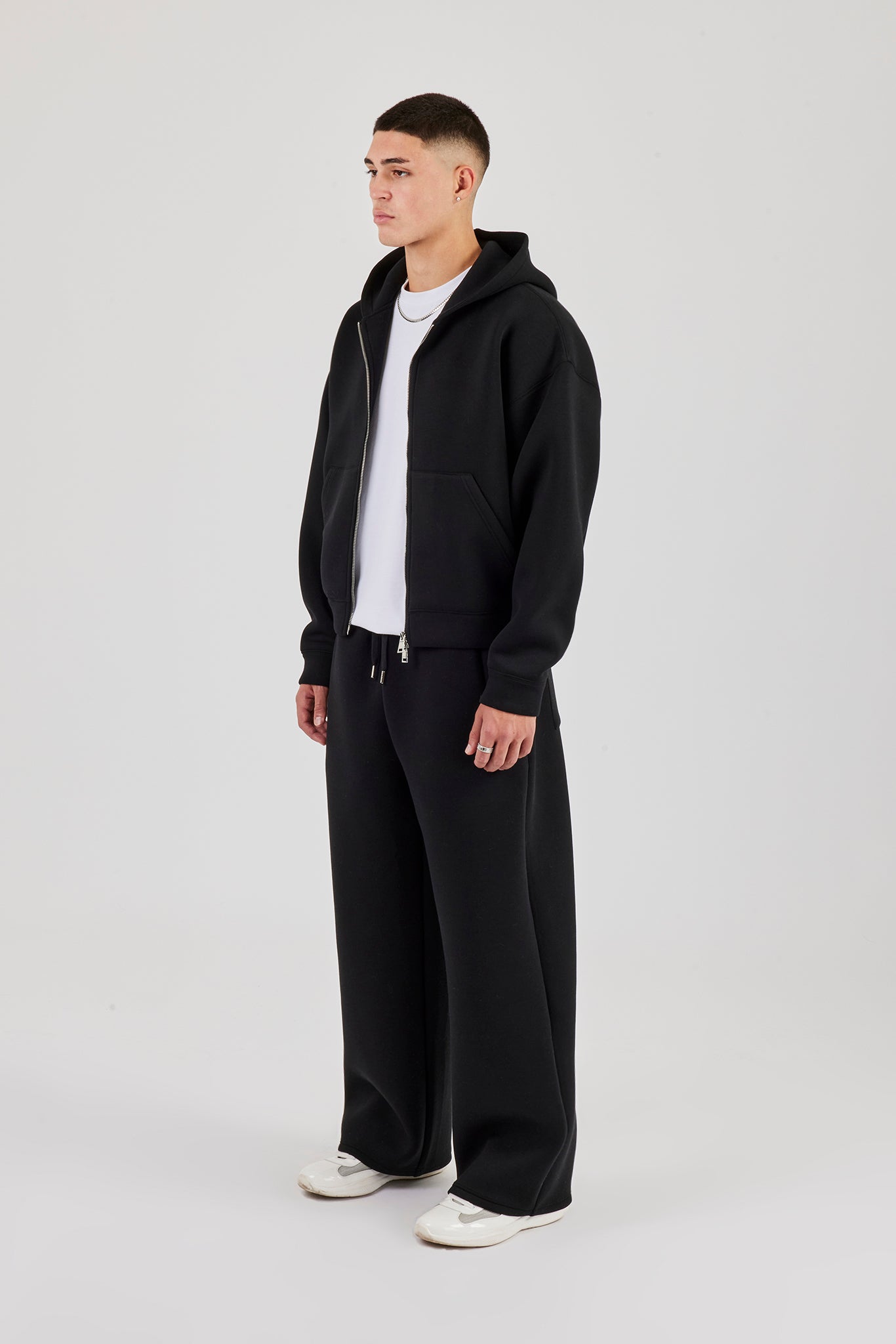 Scuba Zip Through Boxy Hoodie & Baggy Fit Trouser - Black