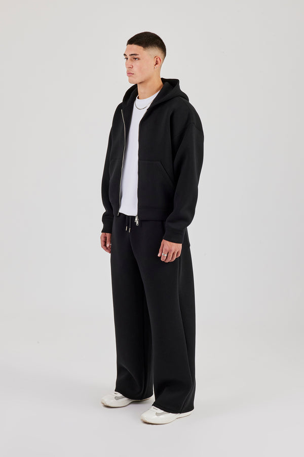 Scuba Zip Through Boxy Hoodie & Baggy Fit Trouser - Black