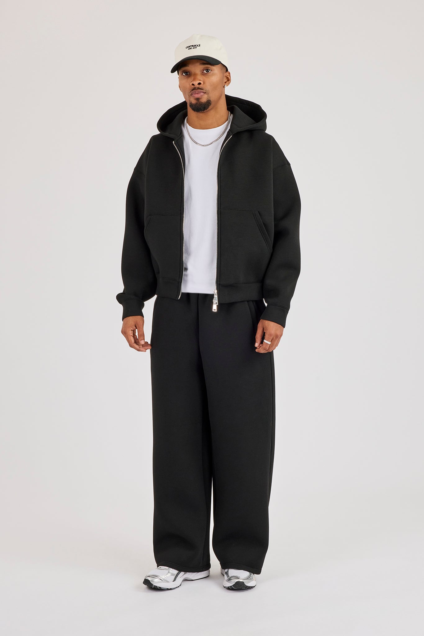 Scuba Zip Through Boxy Hoodie & Baggy Fit Trouser - Black