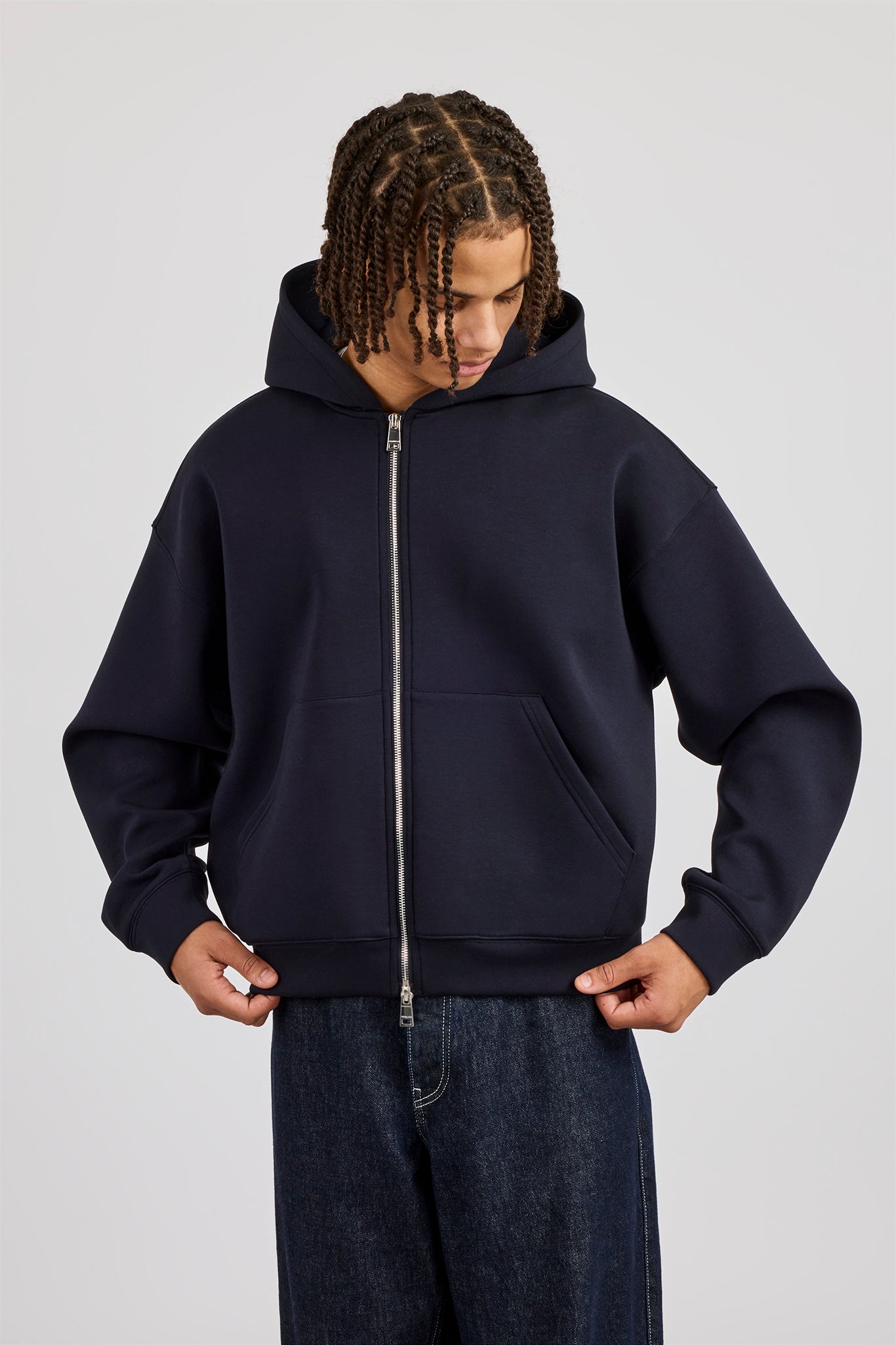 Scuba Zip Through Boxy Hoodie - Marineblau