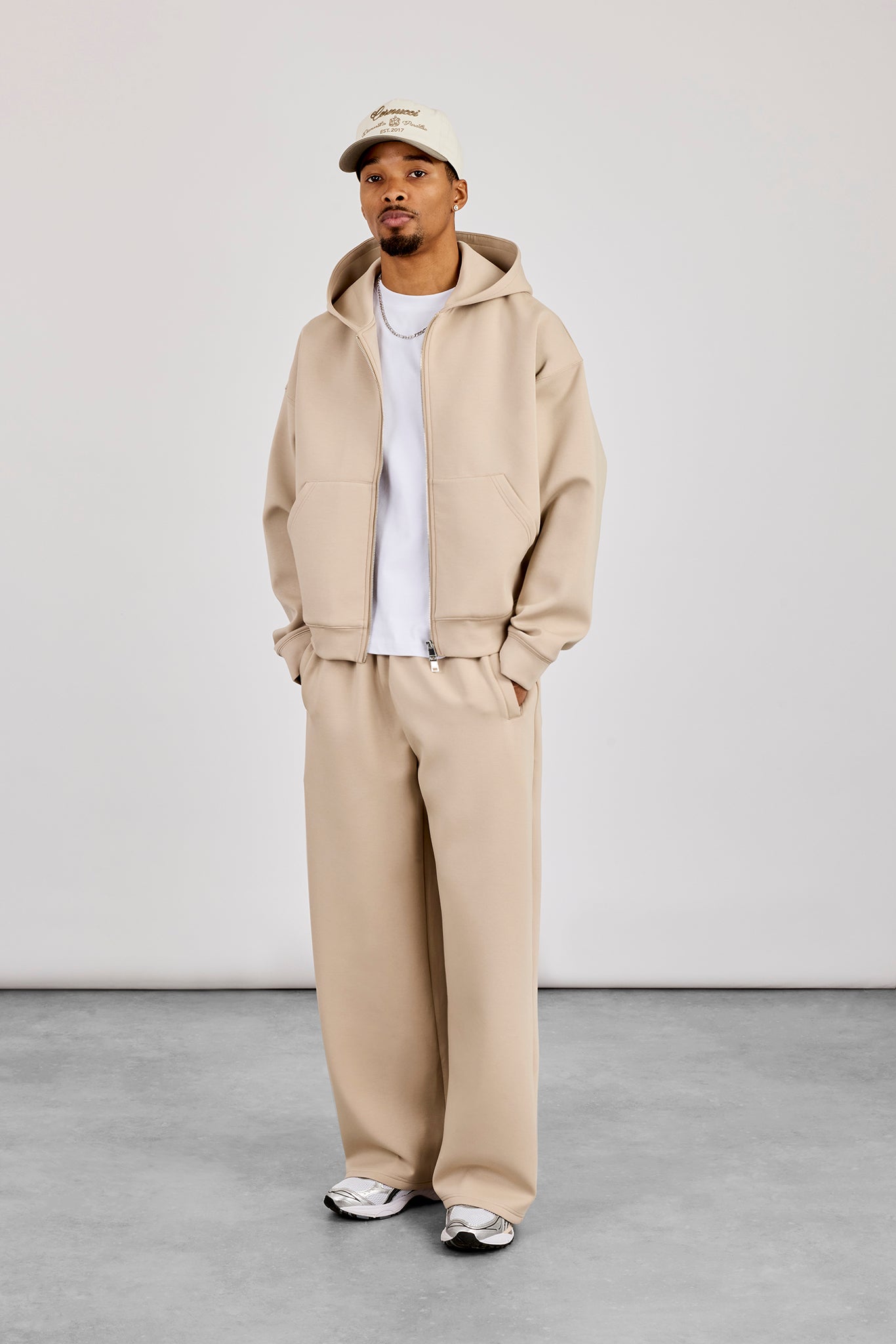 Scuba Zip Through Boxy Hoodie &amp; Baggy Fit Hose - Stone