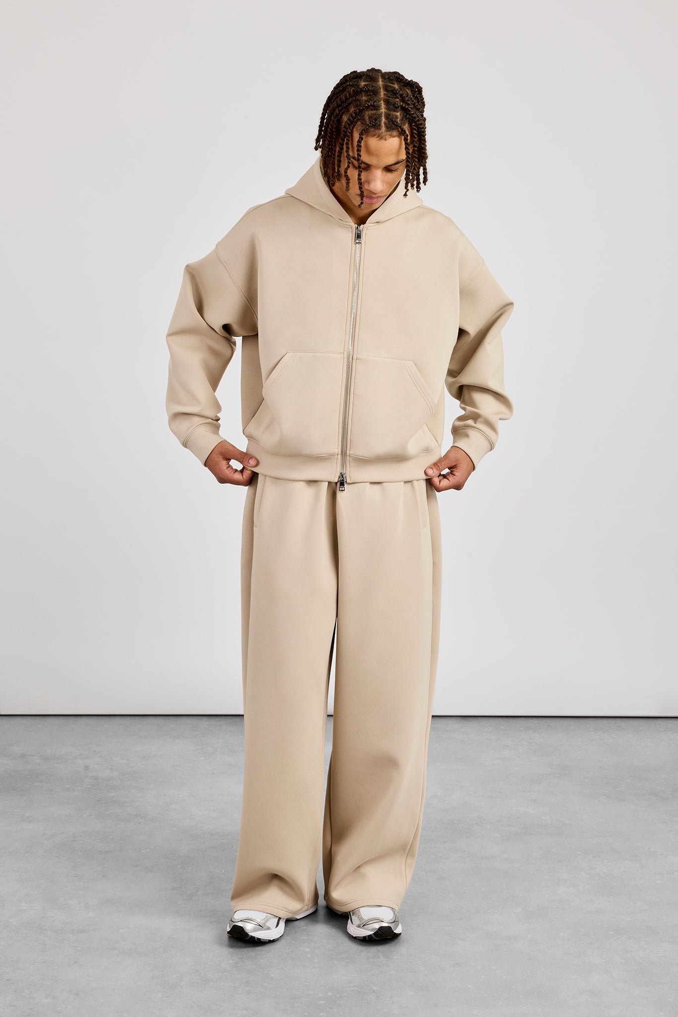 Scuba Zip Through Boxy Hoodie & Baggy Fit Trouser - Stone