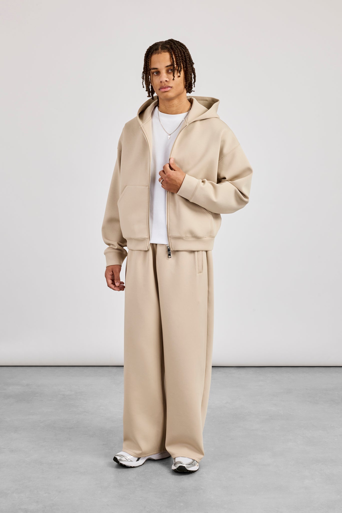 Scuba Zip Through Boxy Hoodie & Baggy Fit Trouser - Stone