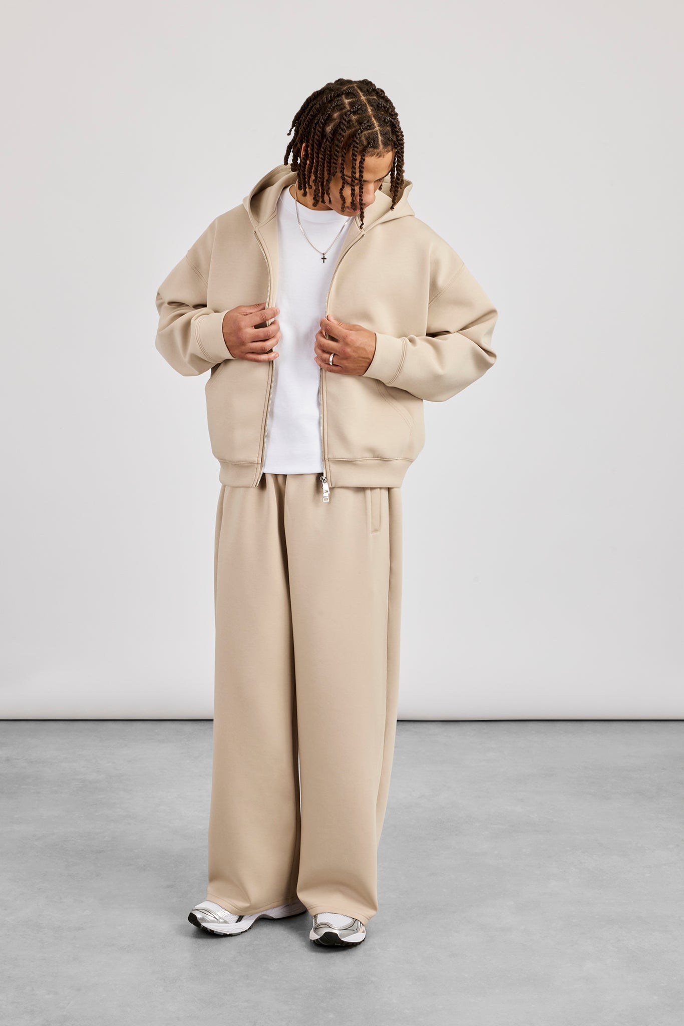 Scuba Zip Through Boxy Hoodie & Baggy Fit Trouser - Stone