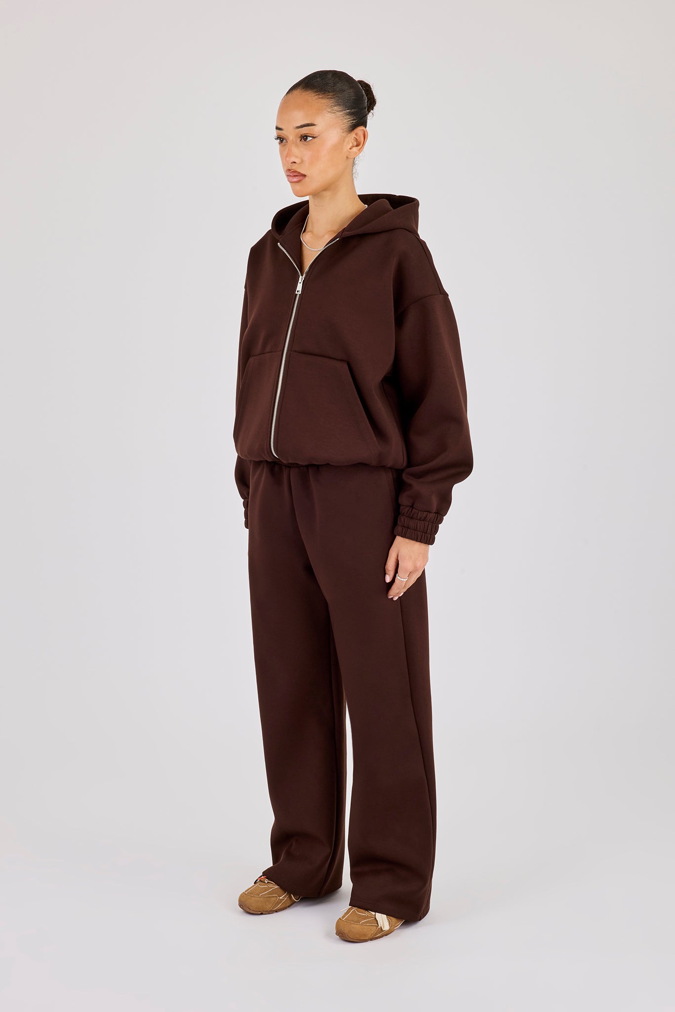Scuba Zip Through Hoodie & Wide Leg Jogger - Chocolate