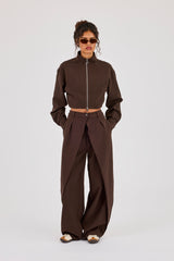 Woven Seam Detail Jacket & Double Pleat Barrel Leg Trouser - Chocolate