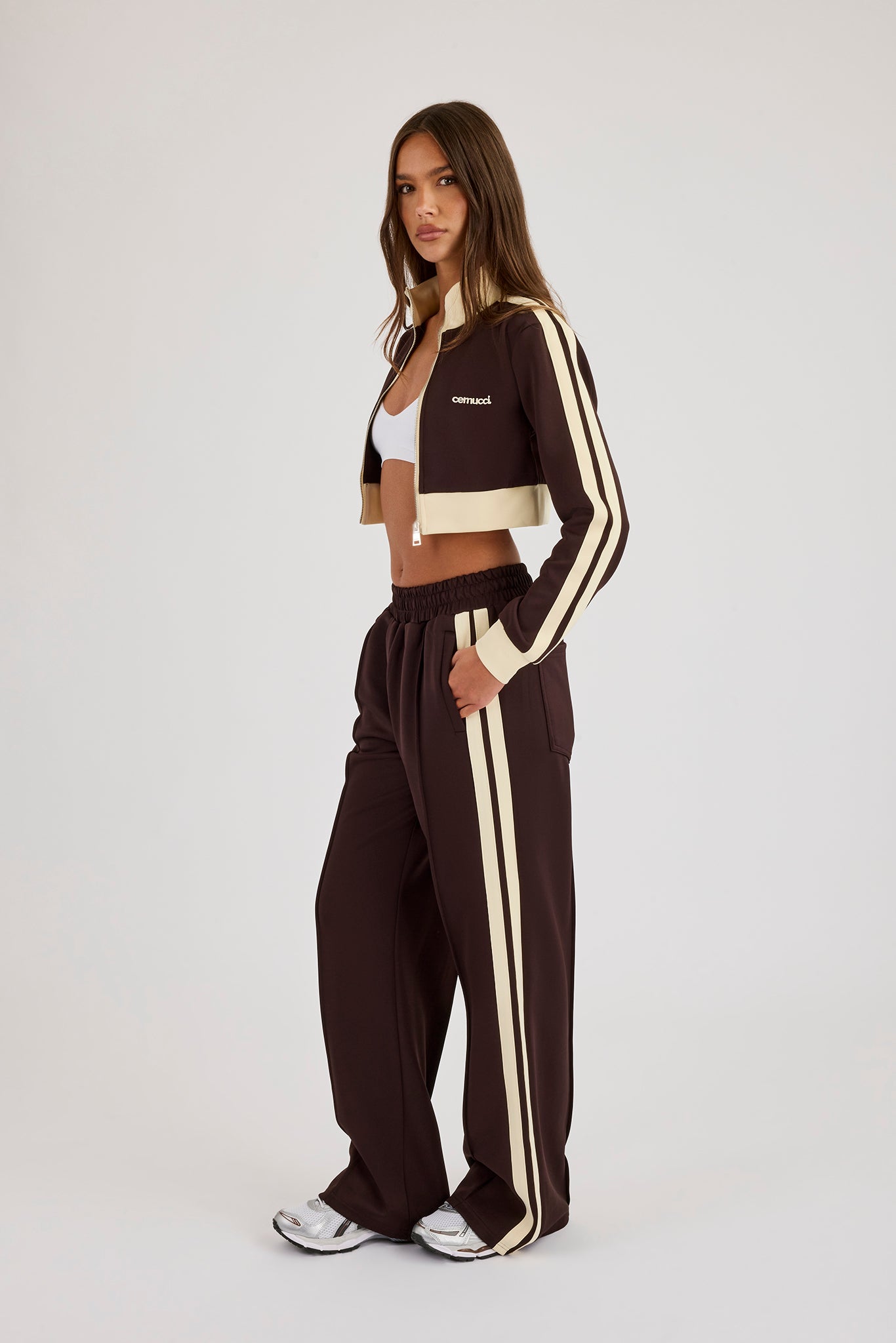 Super Crop Funnel Neck Taping Track Top & Wide Leg Track Pant - Chocolate