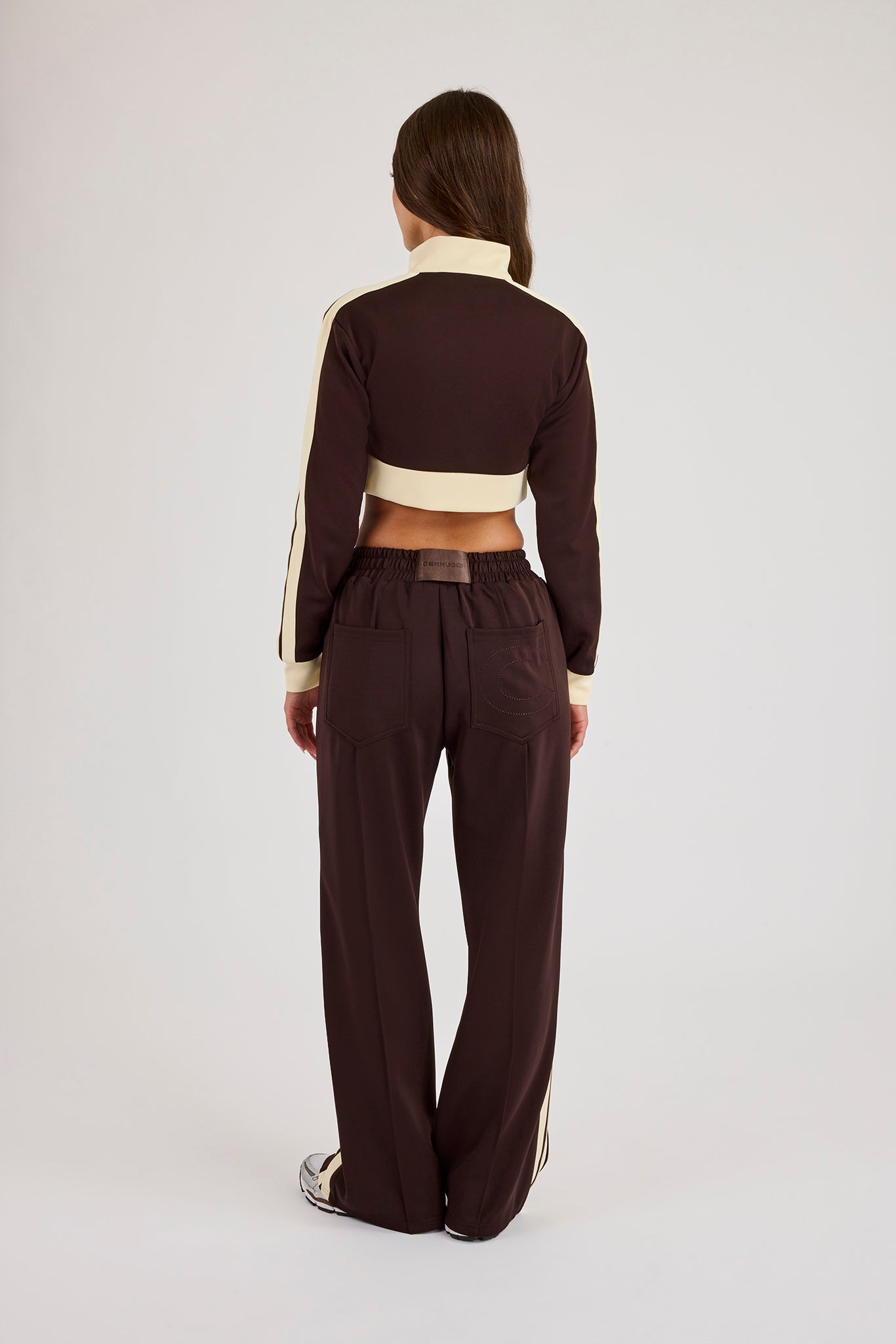 Super Crop Funnel Neck Taping Track Top & Wide Leg Track Pant - Chocolate