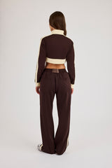 Super Crop Funnel Neck Taping Track Top & Wide Leg Track Pant - Chocolate