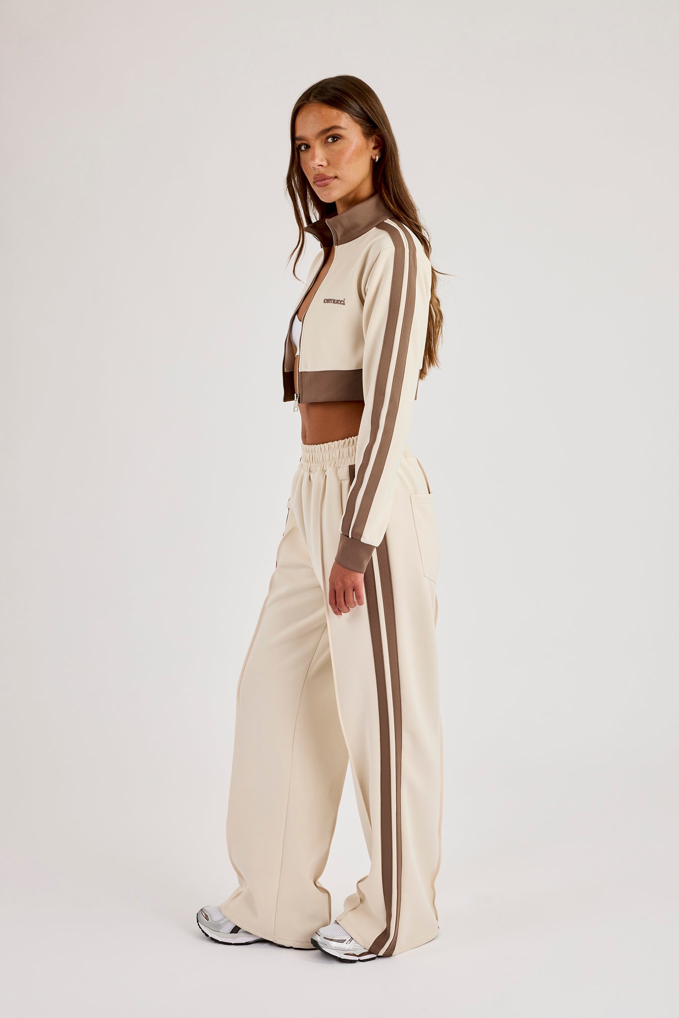 Super Crop Funnel Neck Taping Track Top & Wide Leg Track Pant - Off White