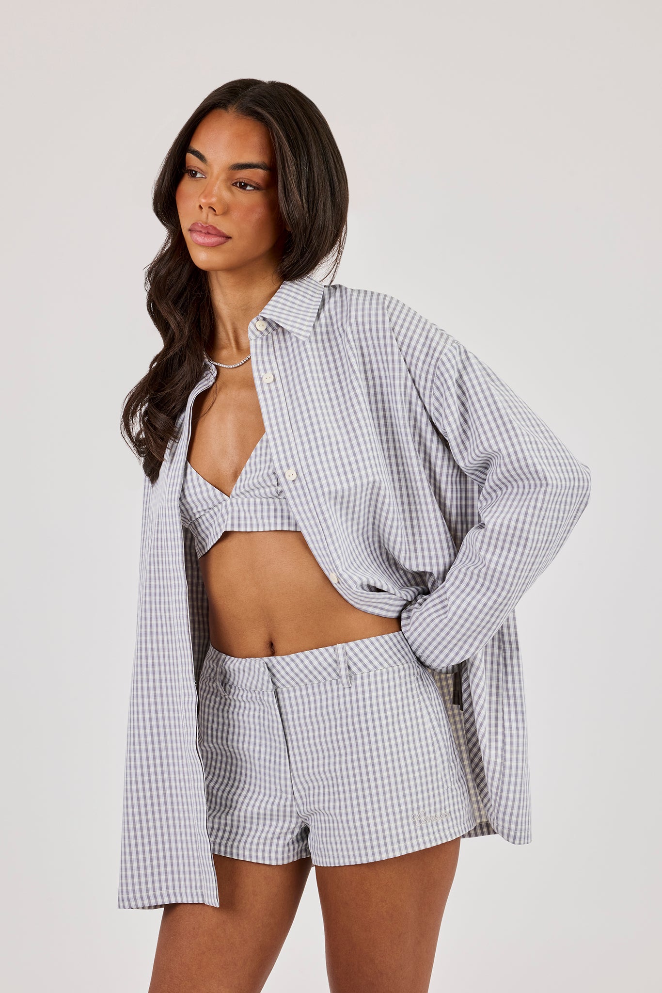 Check Print Oversized Shirt - Baby Blue