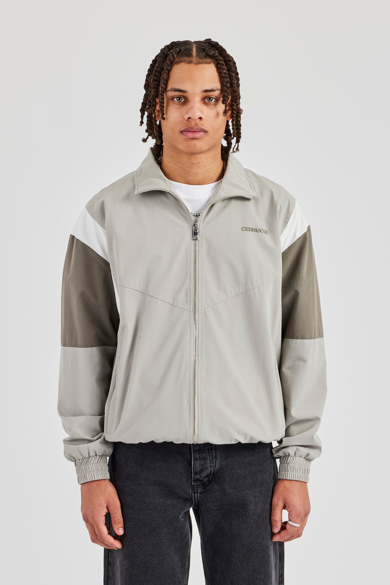 Nylon Colour Block Zip Through Jacket - Grey