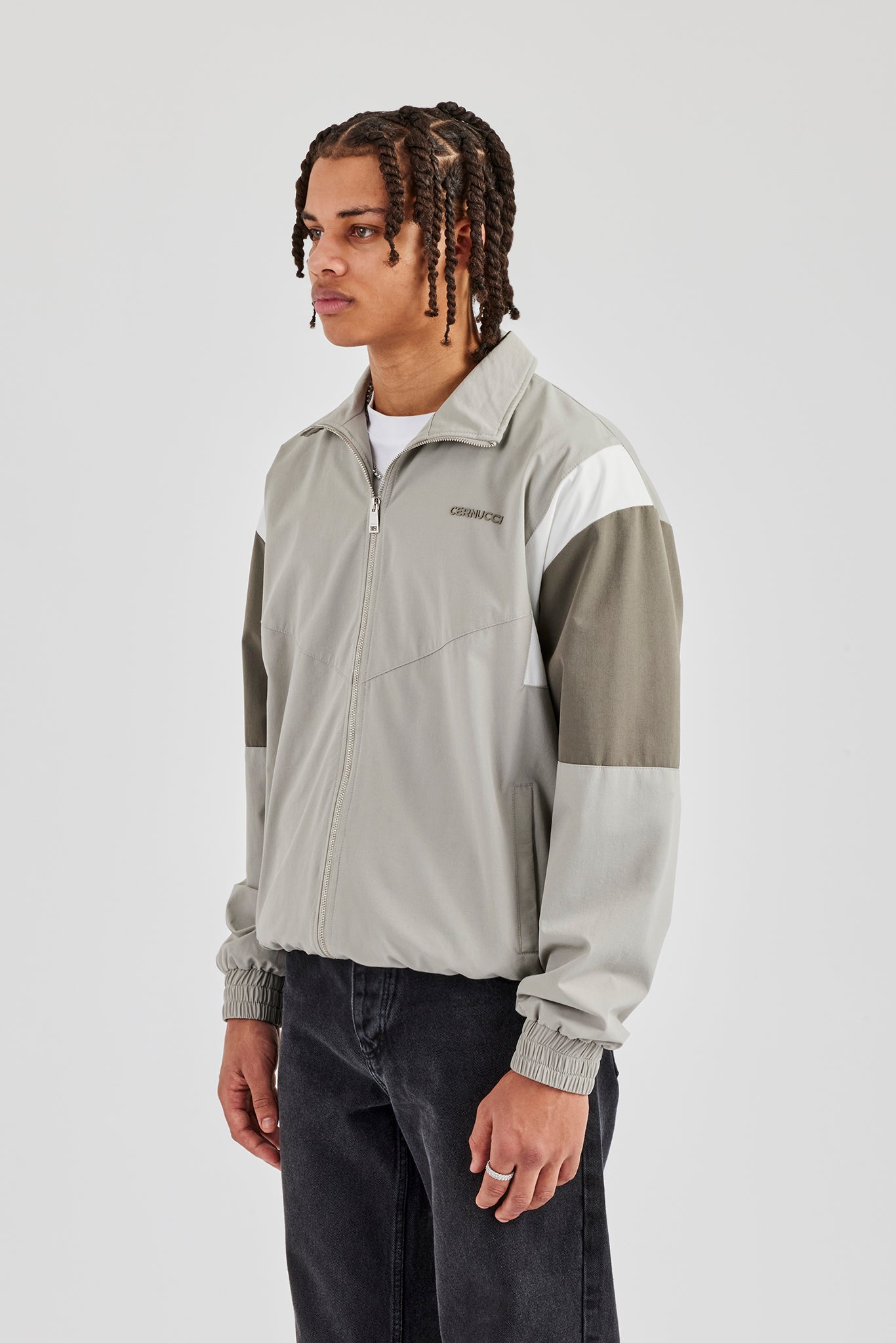 Nylon Colour Block Zip Through Jacket - Grey