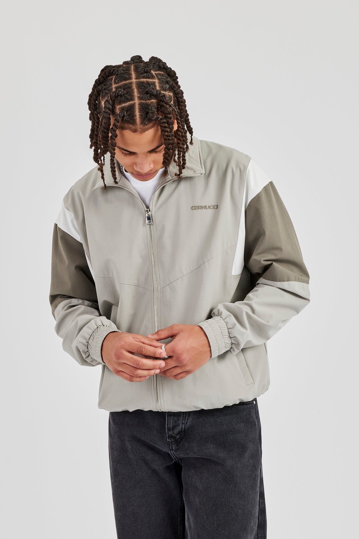 Nylon Colour Block Zip Through Jacket - Grey