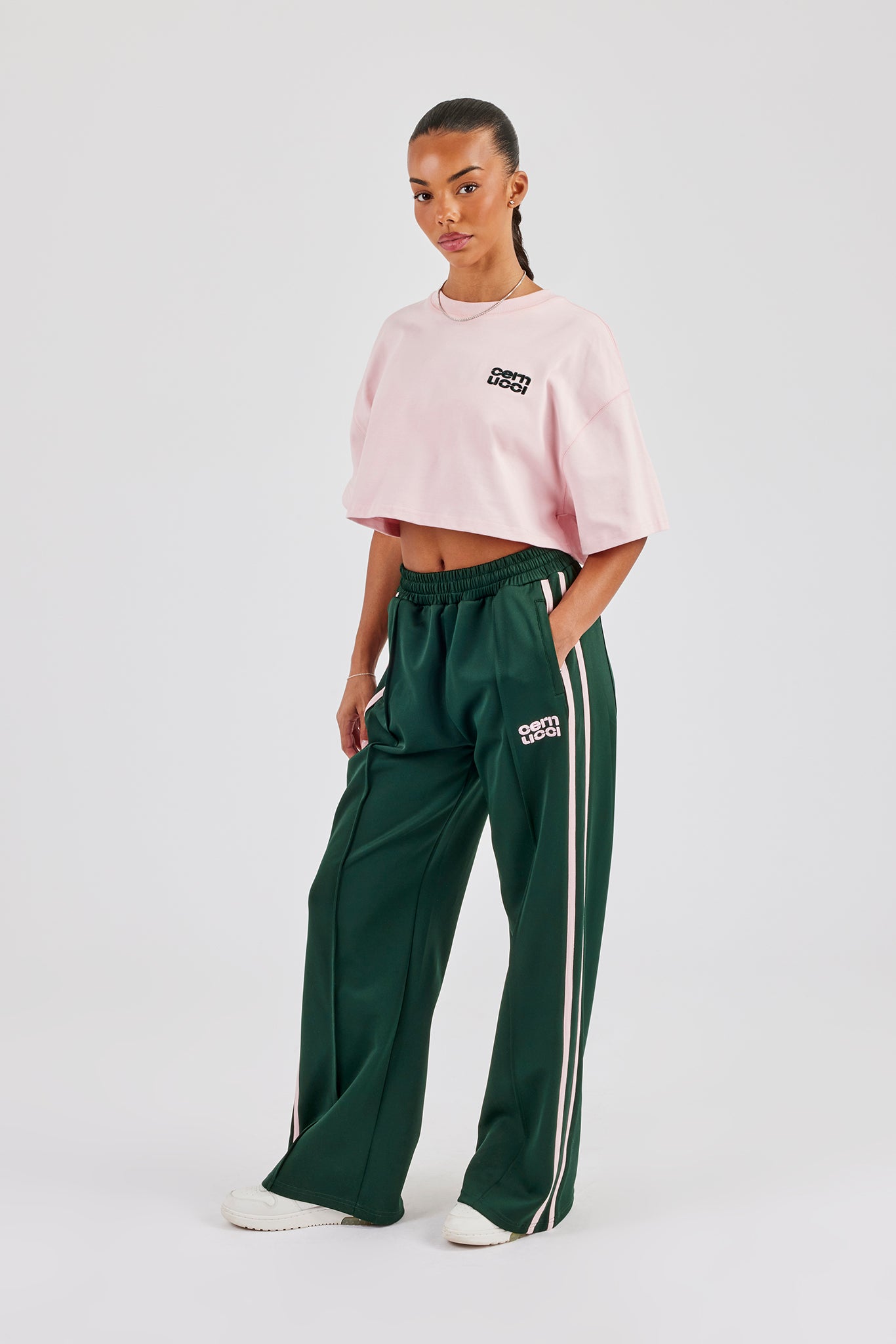 Cropped Embroidered T-Shirt & Taping Wide Leg Track Pant - Pink & Green
