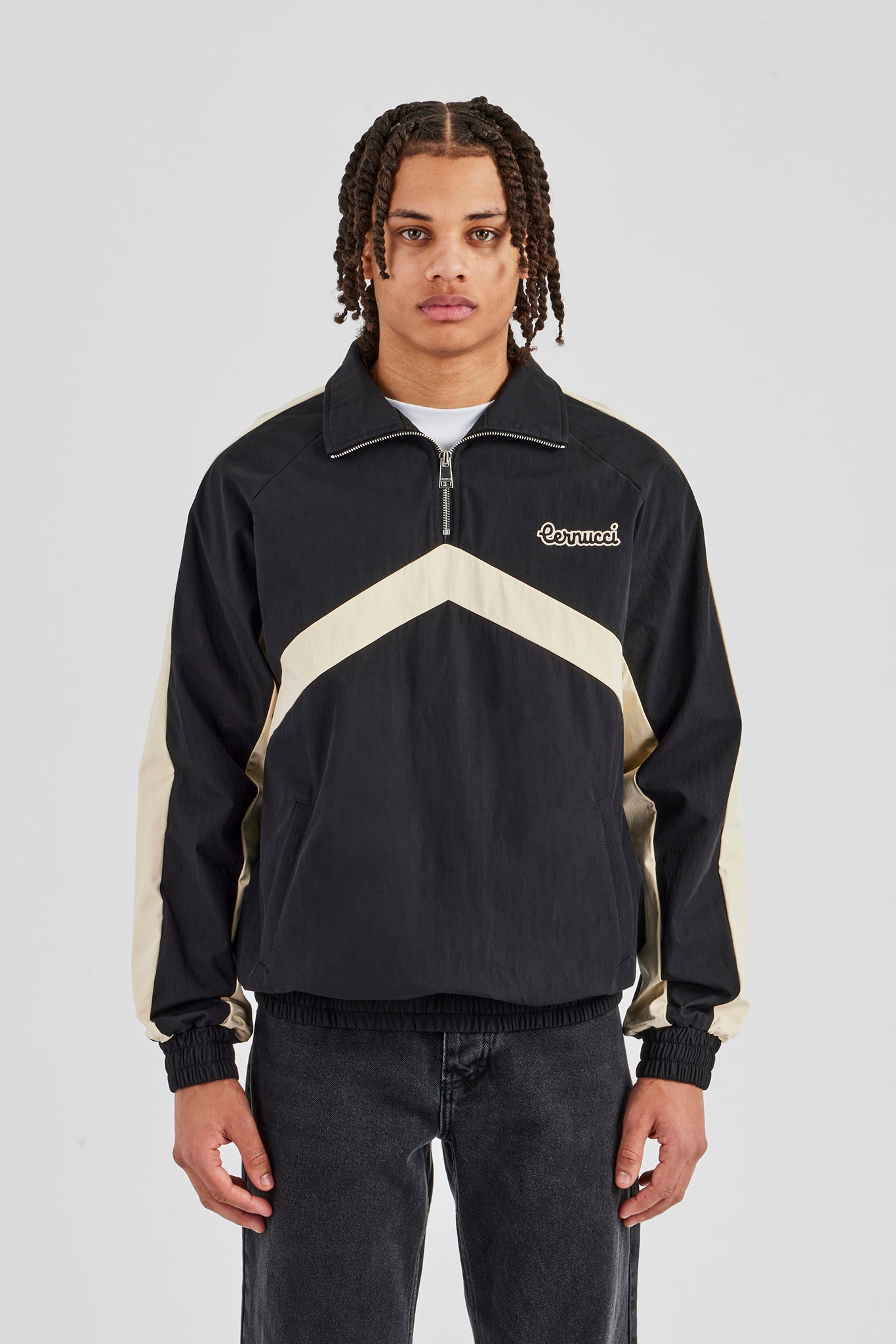 Quarter Zip Nylon Contrast Stripe Jacket - Black