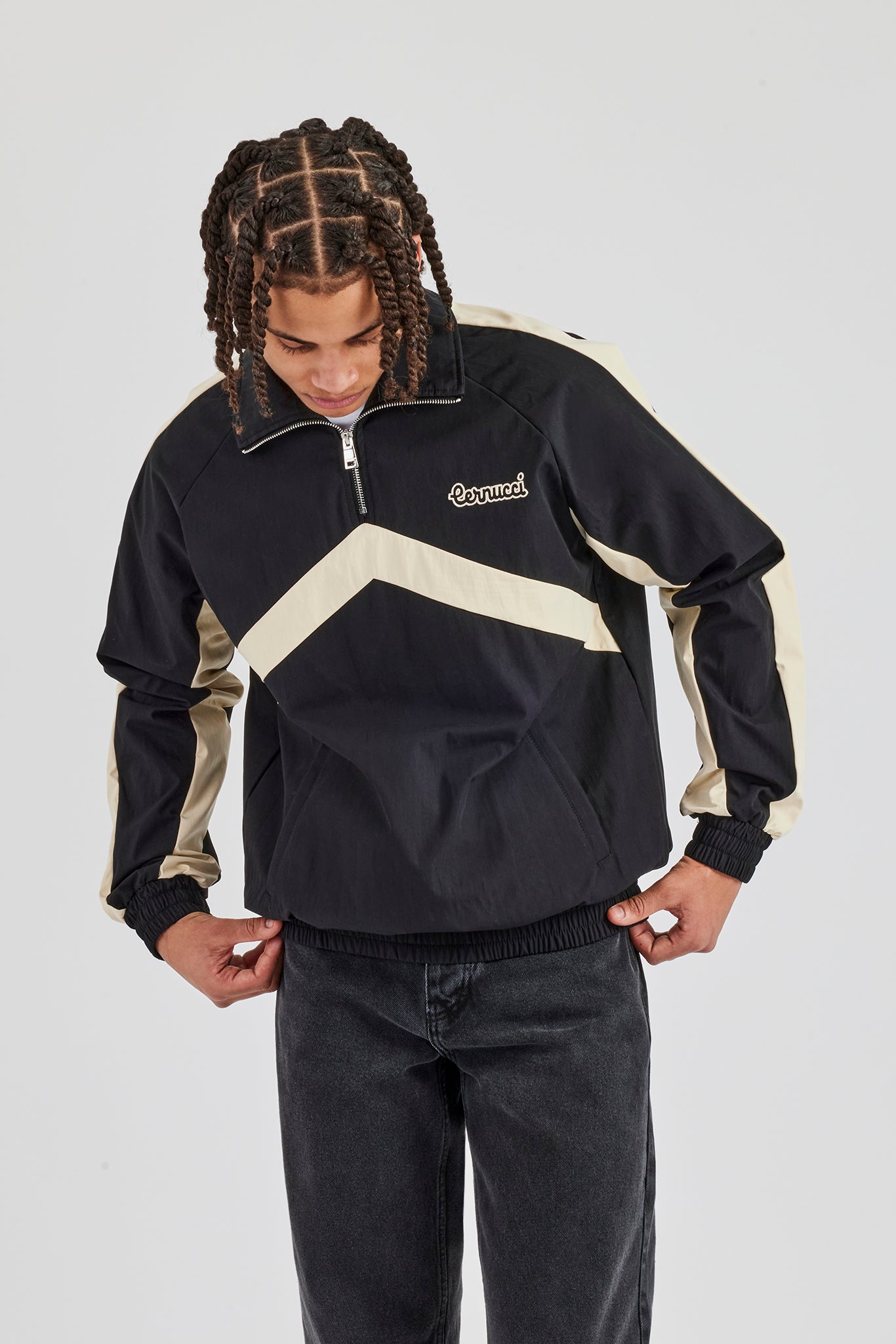 Quarter Zip Nylon Contrast Stripe Jacket - Black
