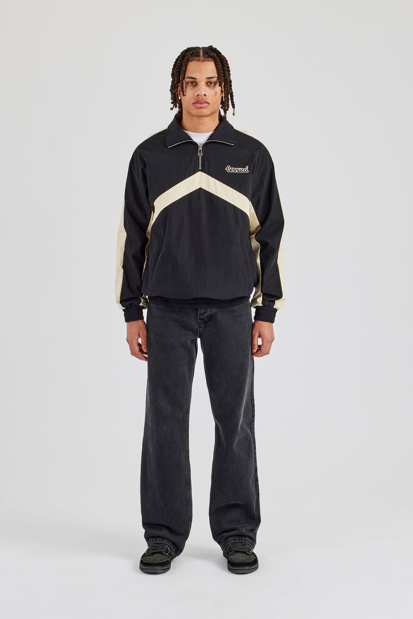 Quarter Zip Nylon Contrast Stripe Jacket - Black | Mens Outerwear