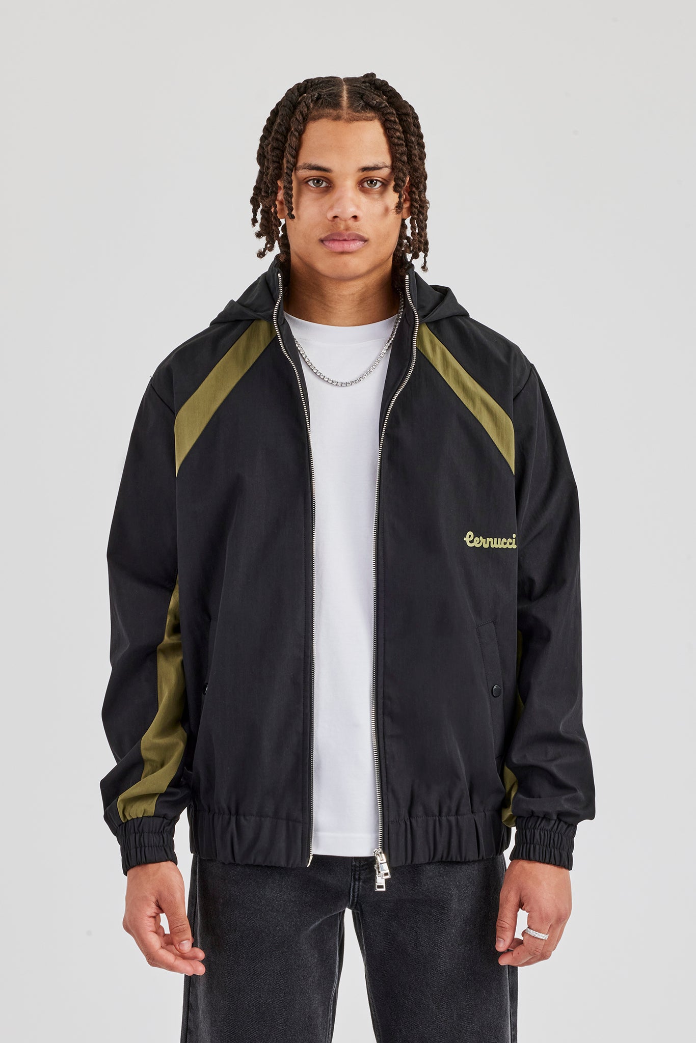 Hooded Nylon Contrast Block Jacket - Black