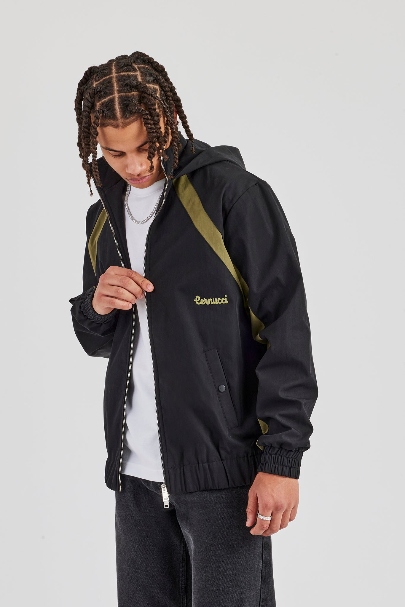 Hooded Nylon Contrast Block Jacket - Black