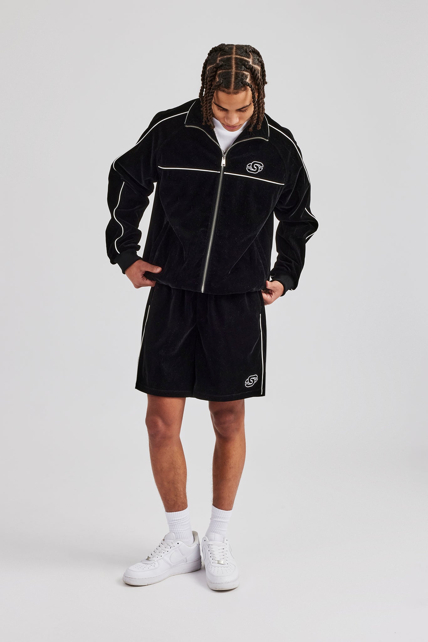 Velour Piping Track Short - Black | Mens Shorts | Shop Plain