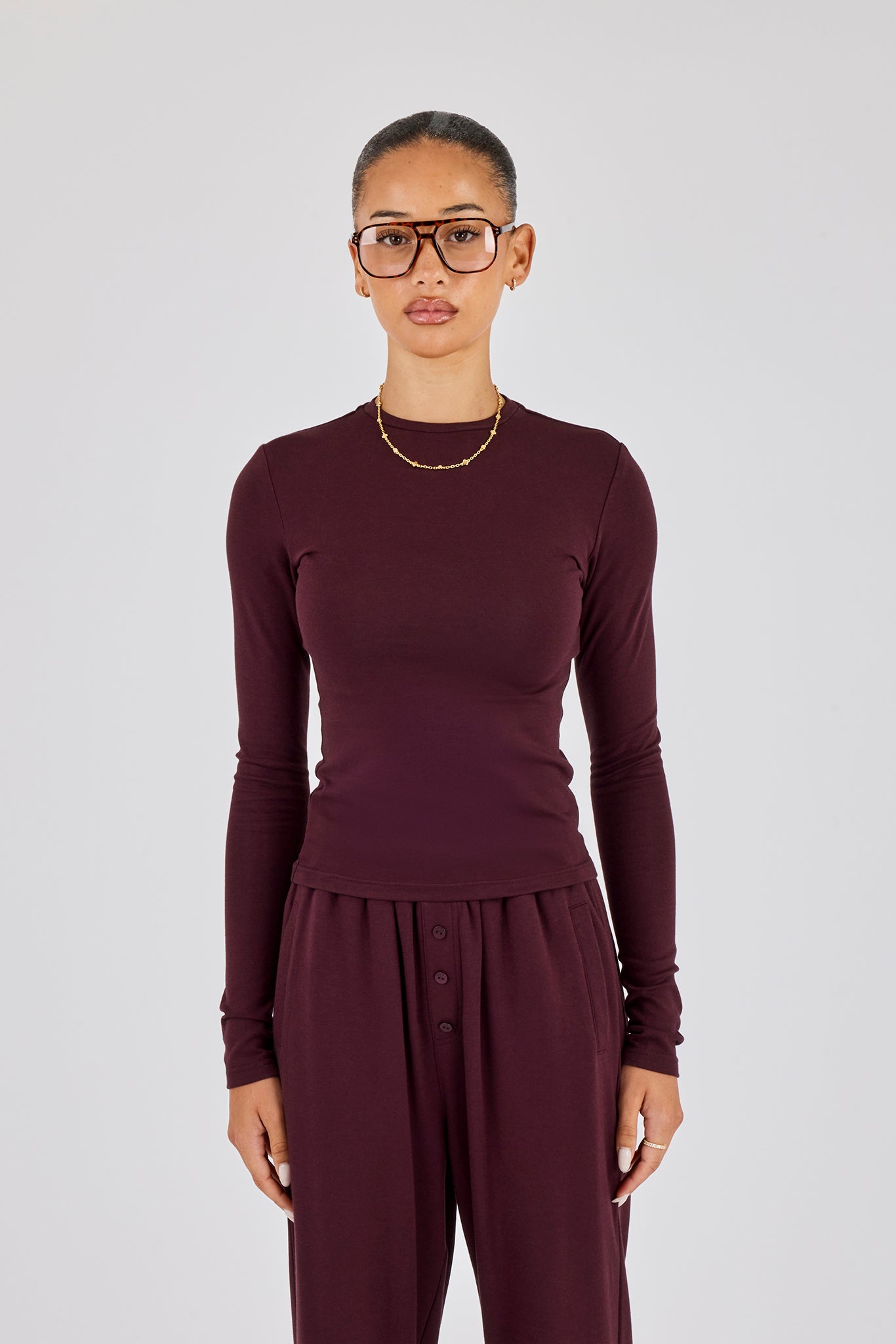 Soft Touch Langarm-Top - Burgunderrot