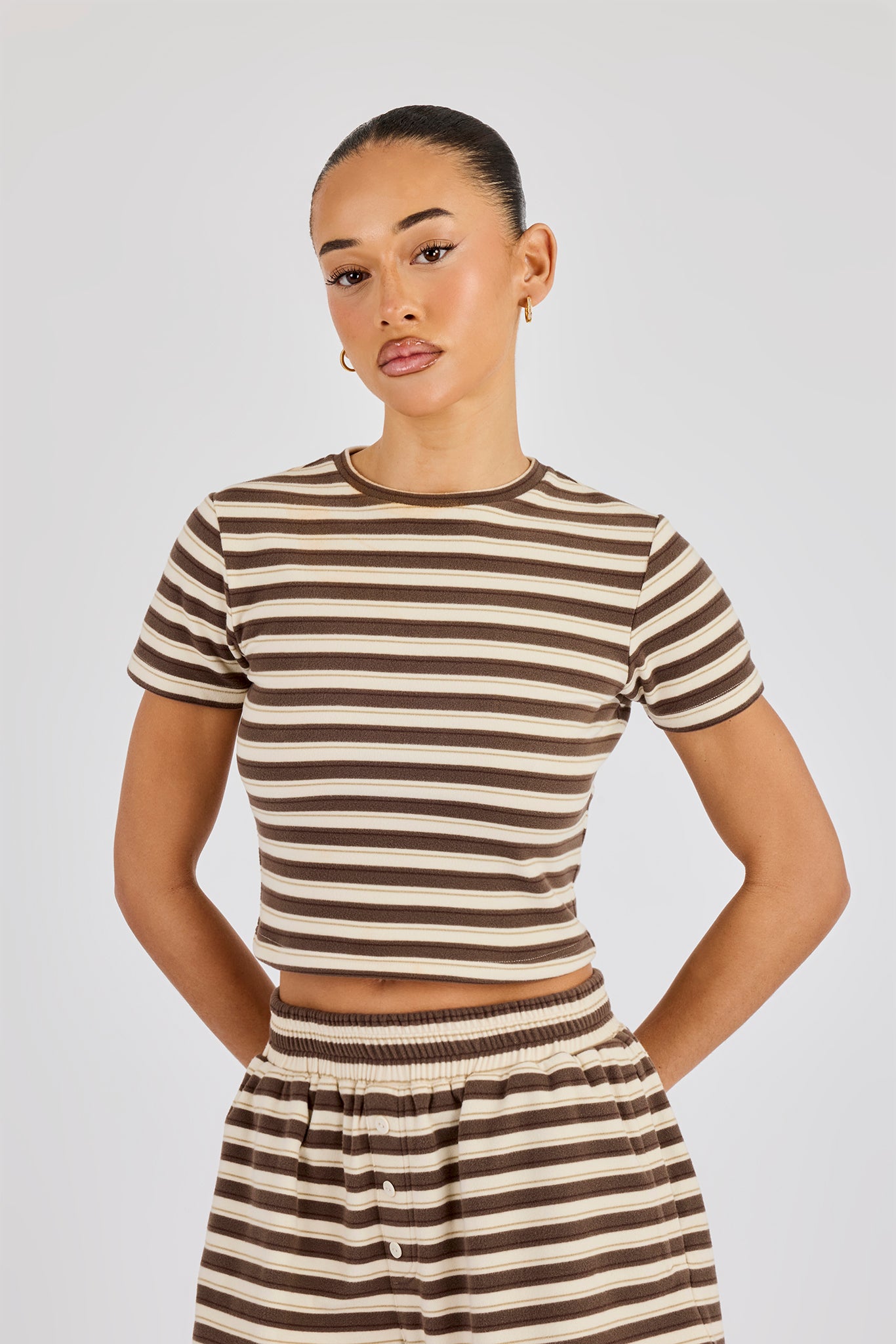 Soft Touch Double Stripe Short Sleeve Top - Beige