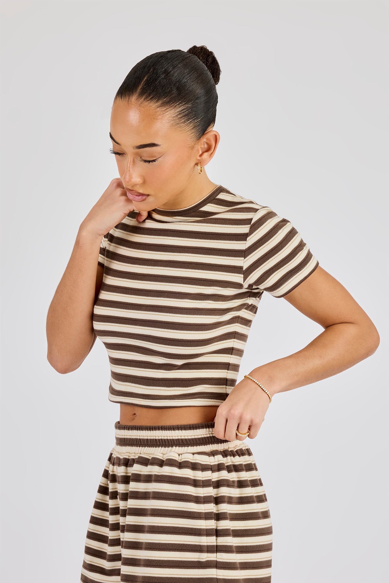 Soft Touch Double Stripe Short Sleeve Top - Beige