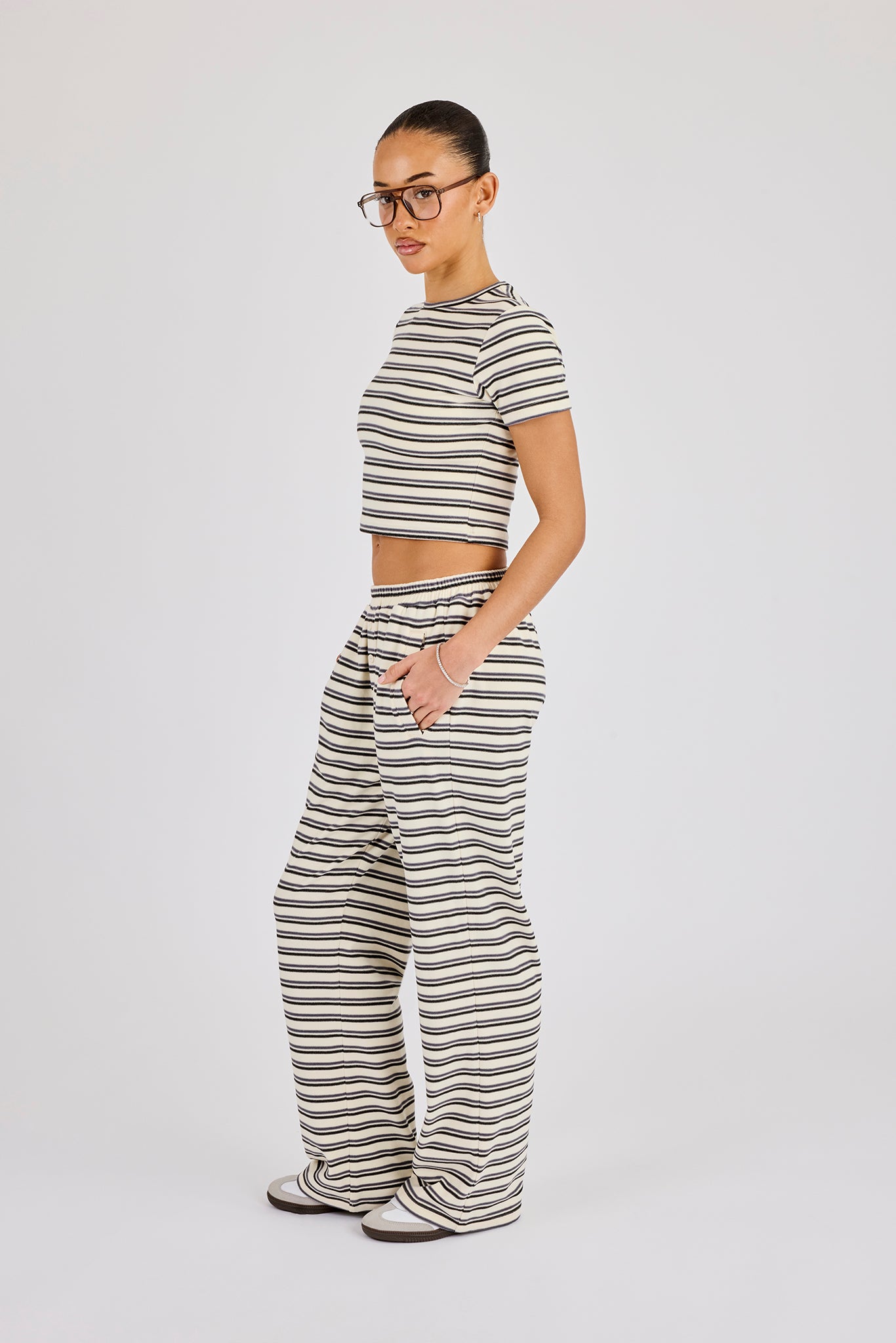 Soft Touch Double Stripe Short Sleeve Top & Trouser - Blue