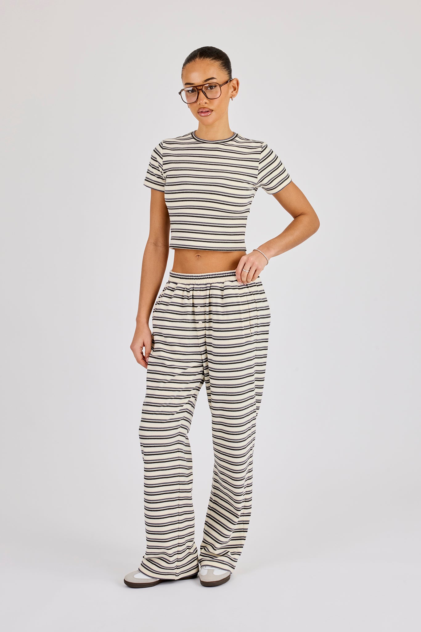 Soft Touch Double Stripe Short Sleeve Top & Trouser - Blue