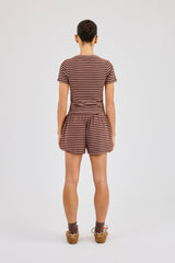 Kurzarm-Top und Shorts mit Doppelstreifen, weicher Griff – Schokoladenbraun
