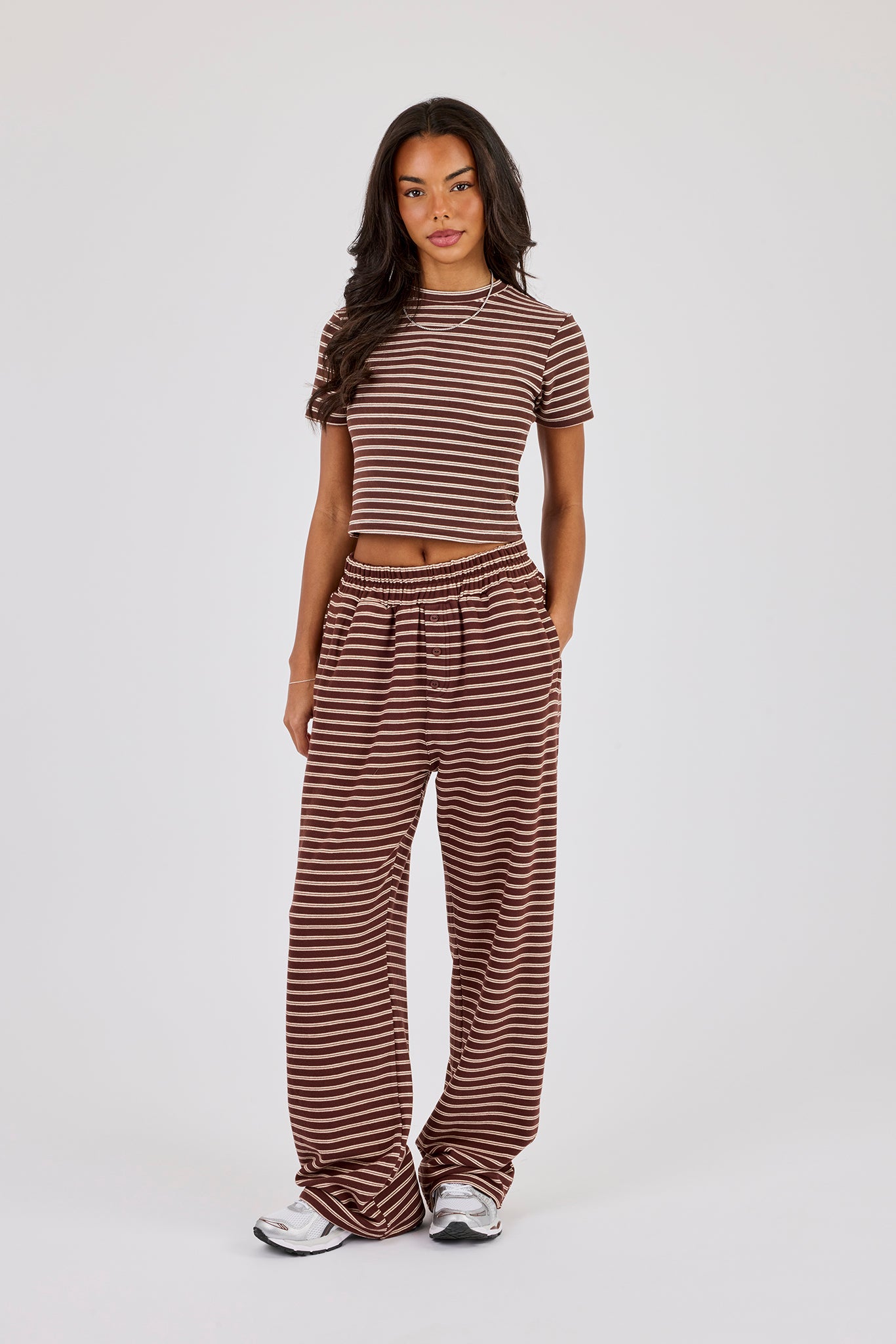Soft Touch Double Stripe Short Sleeve Top & Button Detail Wide Leg Jogger - Chocolate