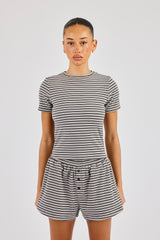 Soft Touch Double Stripe Short Sleeve Top - Grey