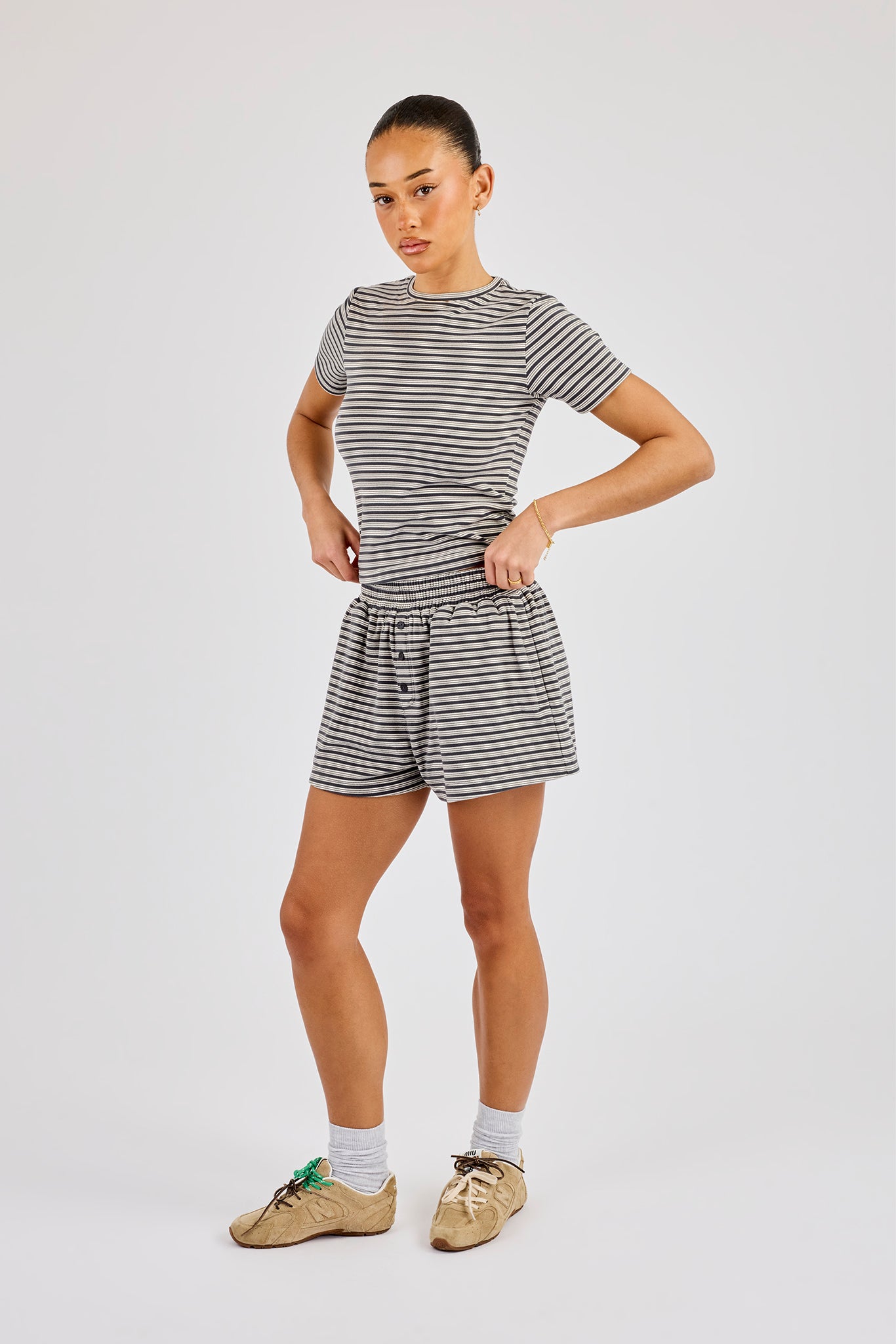 Soft Touch Double Stripe Short Sleeve Top & Short - Grey