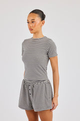 Soft Touch Double Stripe Short Sleeve Top - Grey