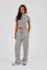Soft Touch Double Stripe Short Sleeve Top & Button Detail Wide Leg Jogger - Grey