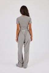Soft Touch Double Stripe Short Sleeve Top & Button Detail Wide Leg Jogger - Grey