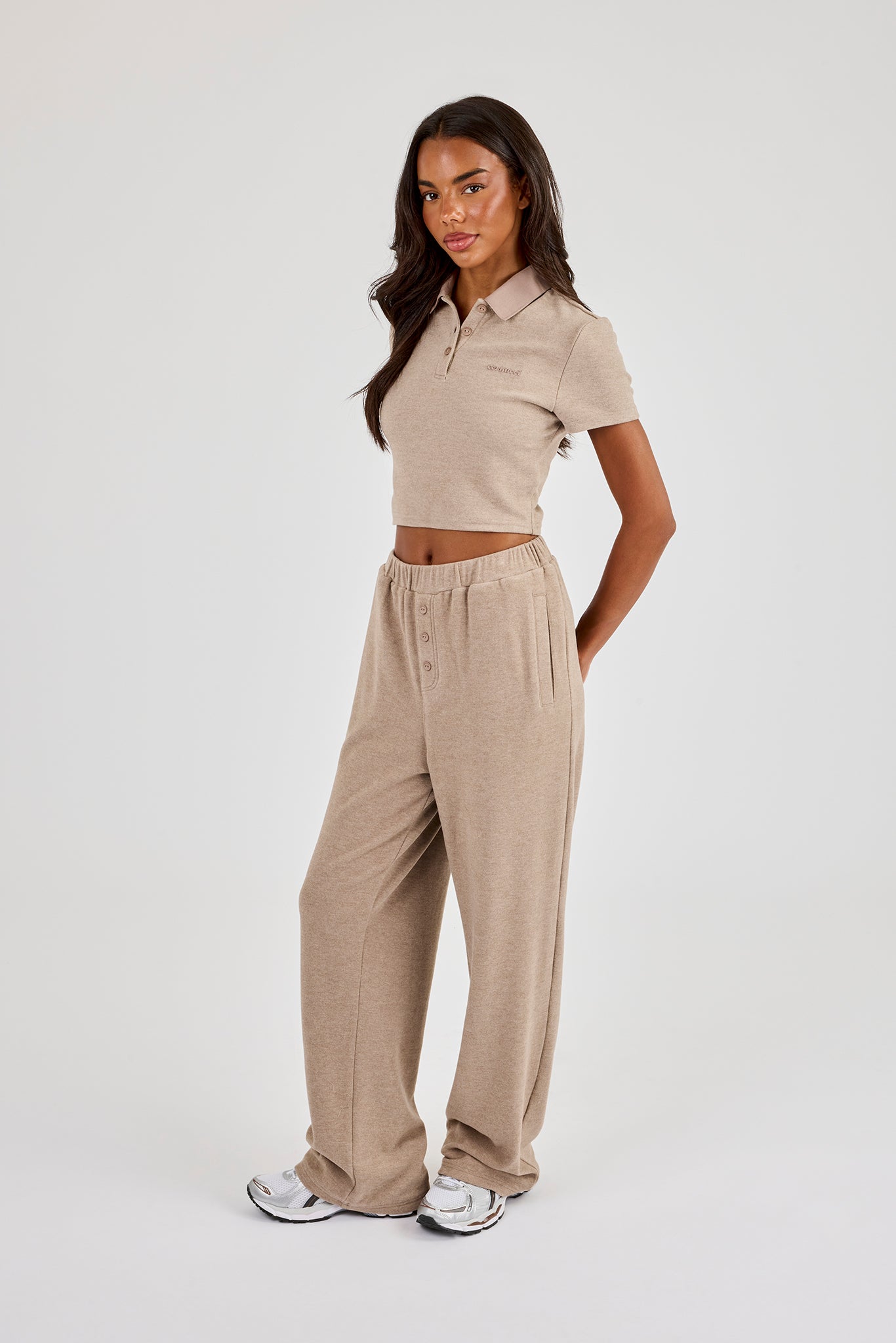 Soft Touch Fitted Polo Top & Trouser - Taupe